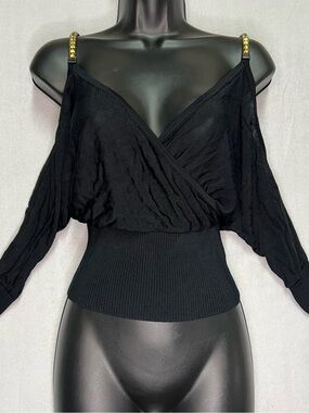 Y2K Bebe Cold Shoulder Batwing Top Black Knit Gold Studded Strap Dolman SOLD